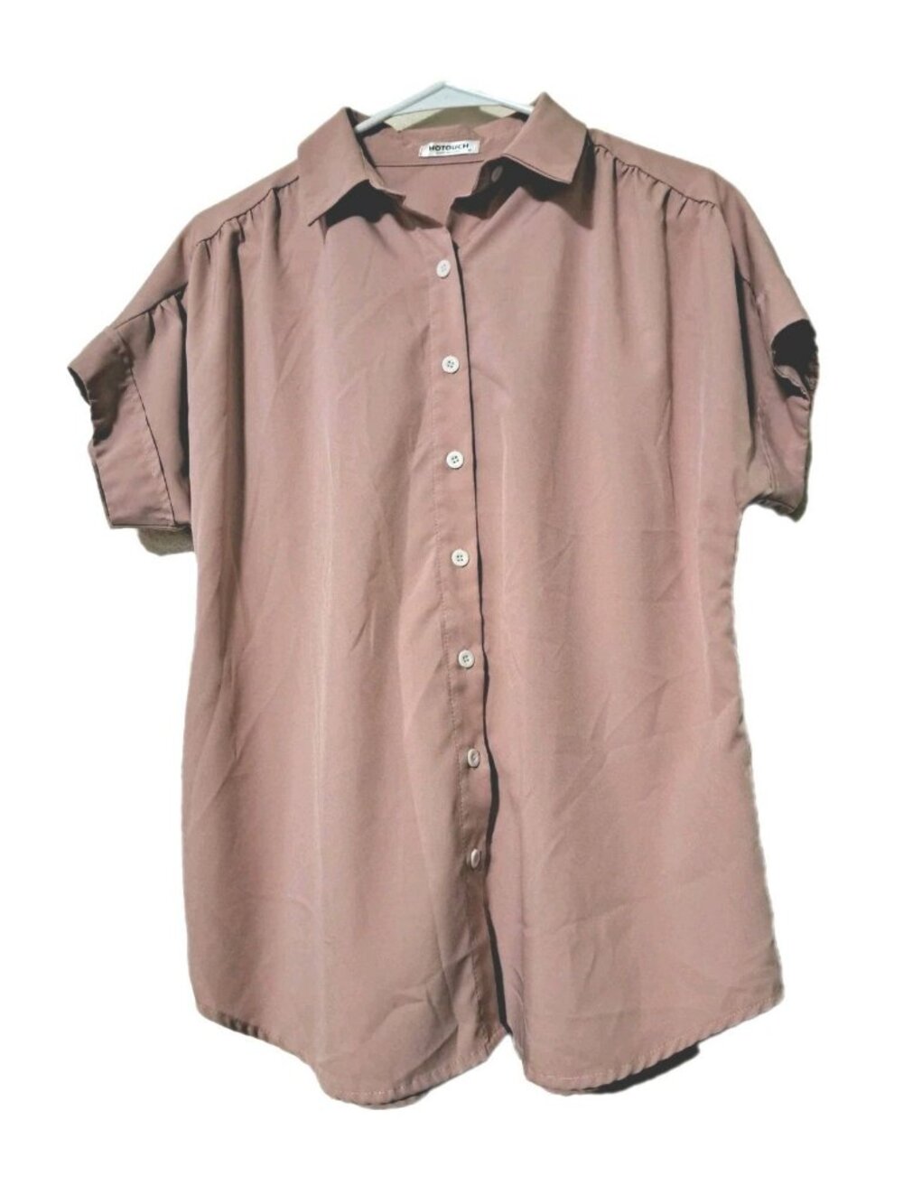 032) Hotouch Short Sleeve Button Front Blouse Mauve Dusty Pink